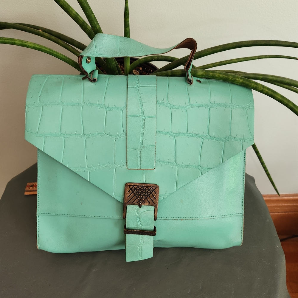 Green / Teal Genuine Leather Purse School Bag Vintage